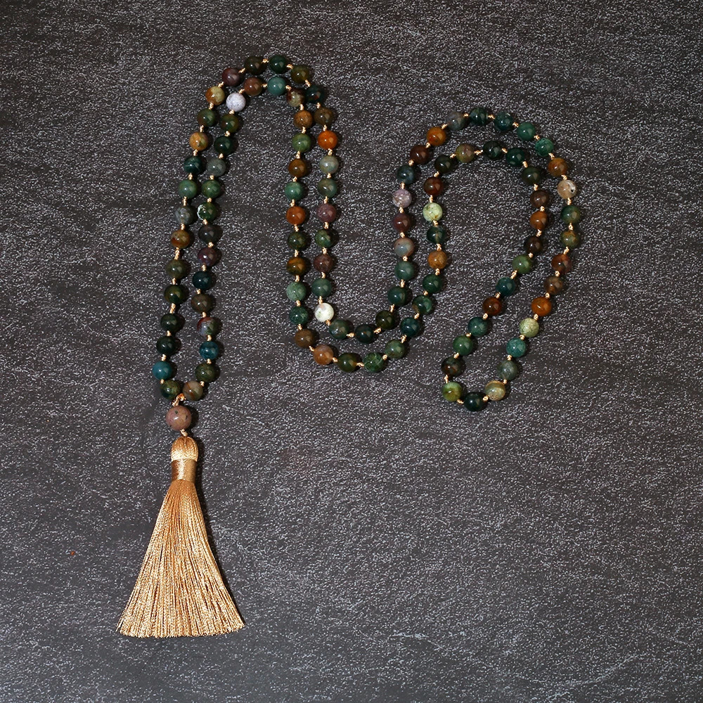 6mm/8mm Indian Agate 108 Mala Beaded Necklace Meditation Prayer Rosary with Tassel Pendant for Men and Women 250604