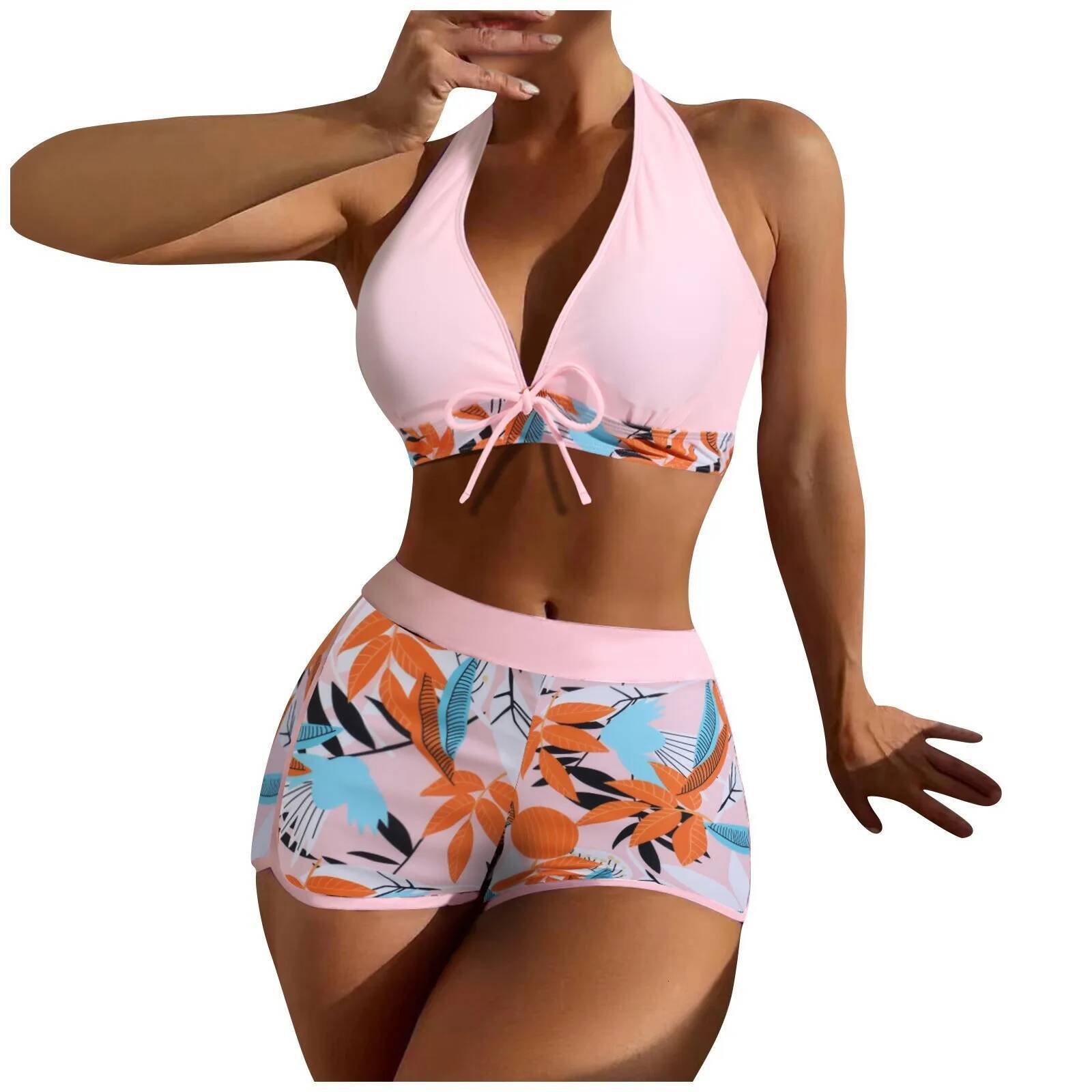 High Waist Bikini Set Paneled Printed Short Retro Fresh Leaf Print Hanging Neck Strap Swimsuit Two Piece Beachwear