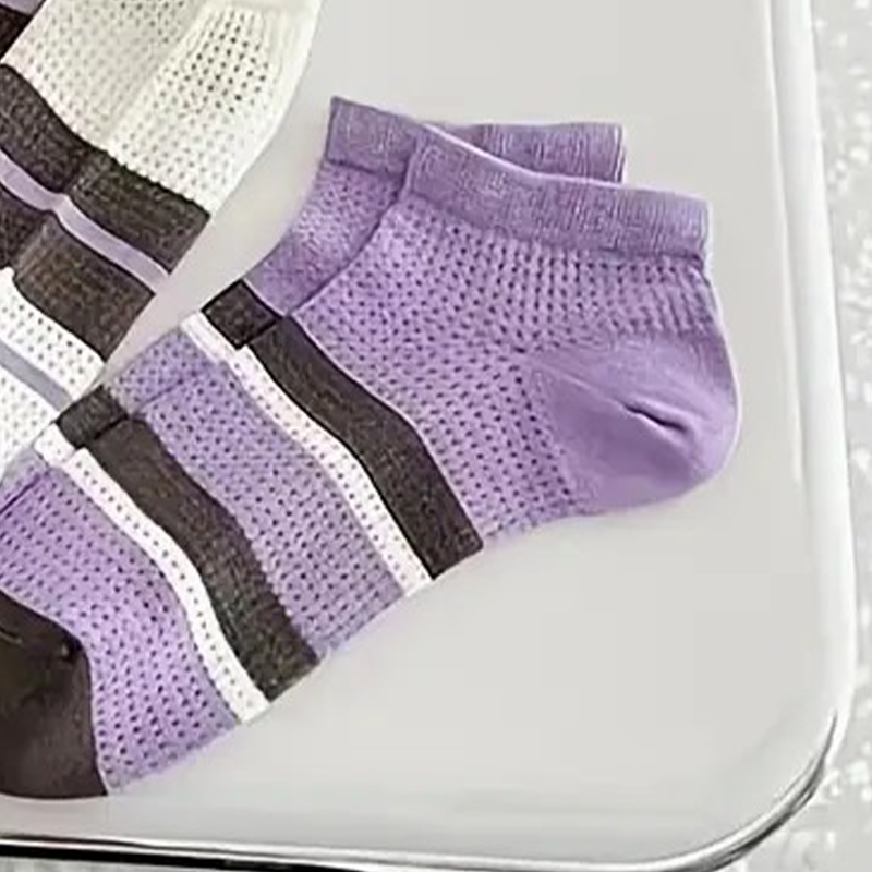 Elegant Striped Womens Ankle Socks with Breathable Mesh Lightweight Polyester Blend for All-Day Comfort