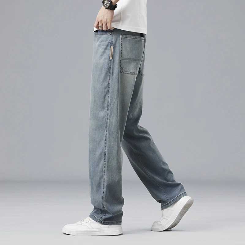 Summer Ultra-thin Lyocell Mens Jeans Drape Soft Fabric Loose Straight Casual Denim Pants Elastic Ice Silk Male Trousers M250610