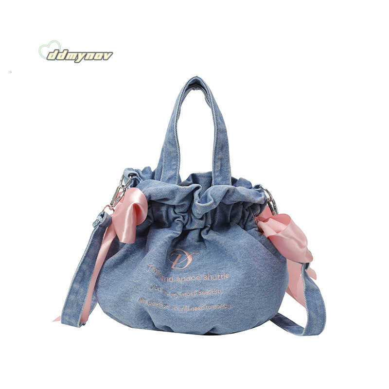Cherry Blossom Fan Strap Fresh Style Drawstring Bucket Cute Girl Bowknot Shoulder Bag Large Capacity Handbag ddmynov
