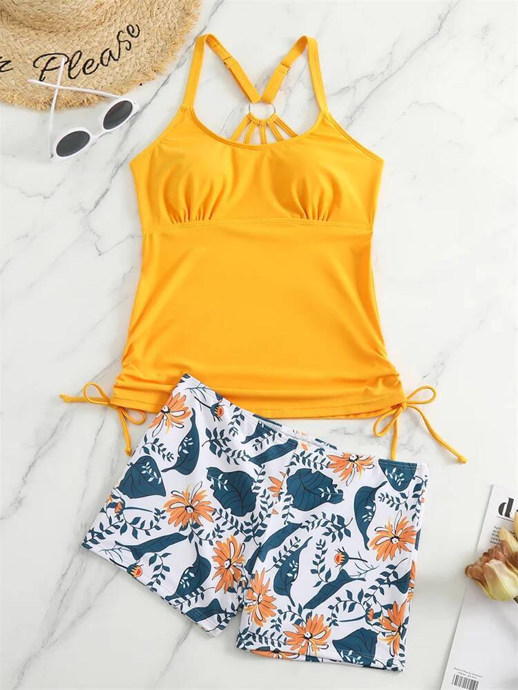 Bikini Swimsuit Women Swimwear 2025 New Solid Print Tankini Bikinis Set Boxer Shorts Bathing Suit For Female Summer Beach Wear