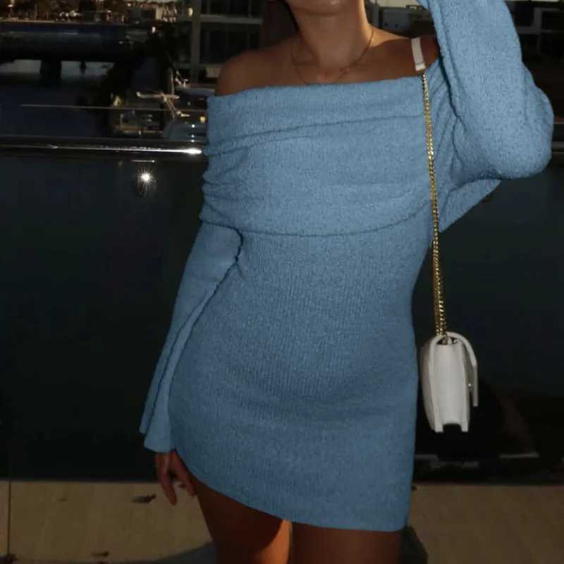 2025 Summer Slash Neck Knitted Dress Women Thin Summer Long Sleeve Elegant Vacation Beach Party Midnight Clubwear Mini Bodycon XJ250610