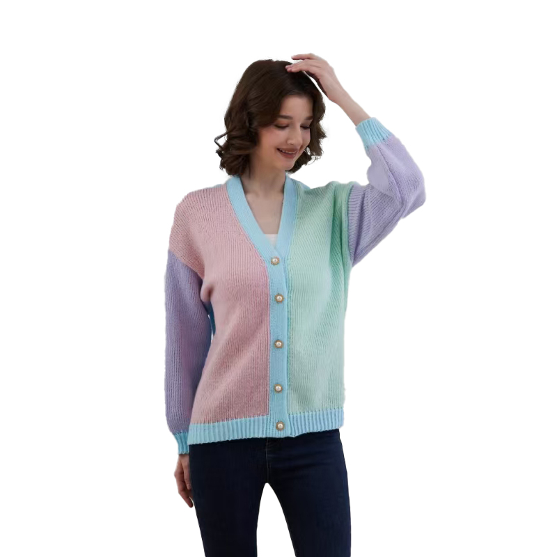 Fashion sweater cardigan autumn new female V-neck contrast stitching loose coat knitted sweater