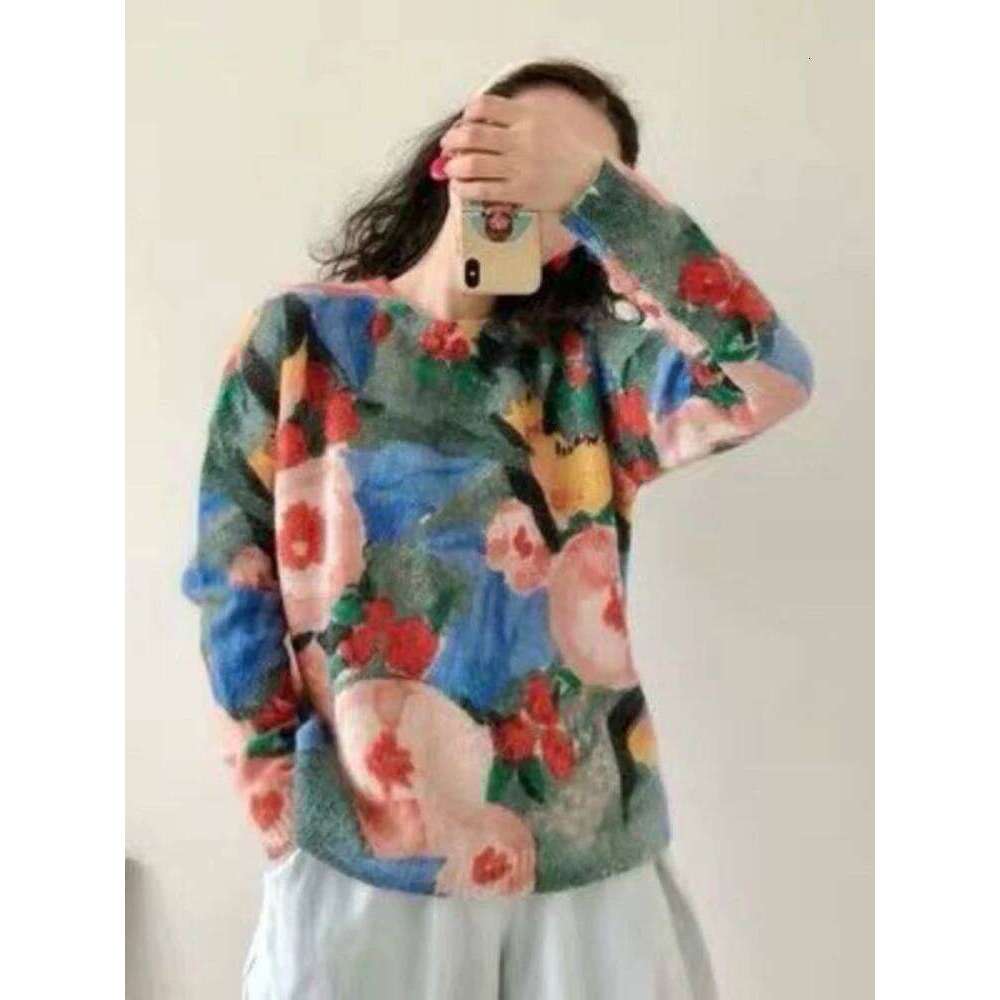 Lazy Style Sweaters Long Sleeve Contrast Color Jacquard Fashion Vintage All Match Pullovers Loose Aesthetics Women Clothing 2024