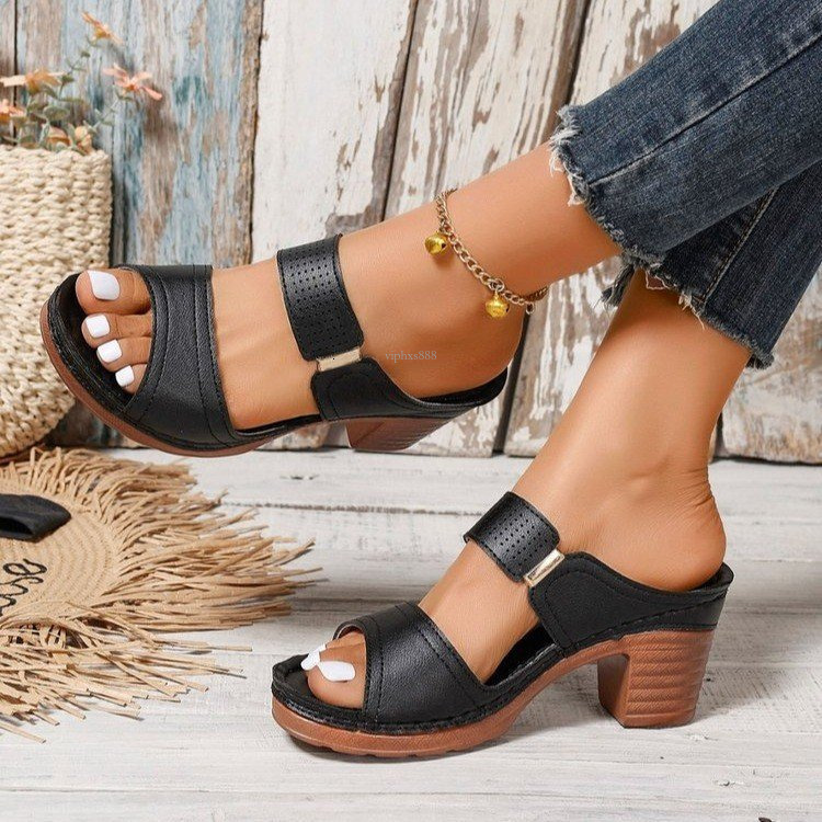Lightweight Hollow Out Solid Color Plus Size Women's Slip-on Beach Mules 2025 Summer Foreign Trade Chunky Heel Outdoor Designer Sandals High Heel
