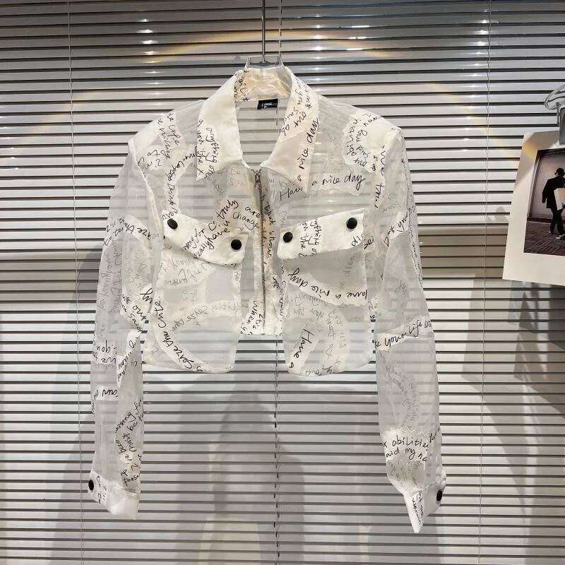 PREPOMP 2022 Summer New Arrivals Long Sleeve Turn Down Collar Letters Transparent Sunscreen Thin Coat Women Gf221