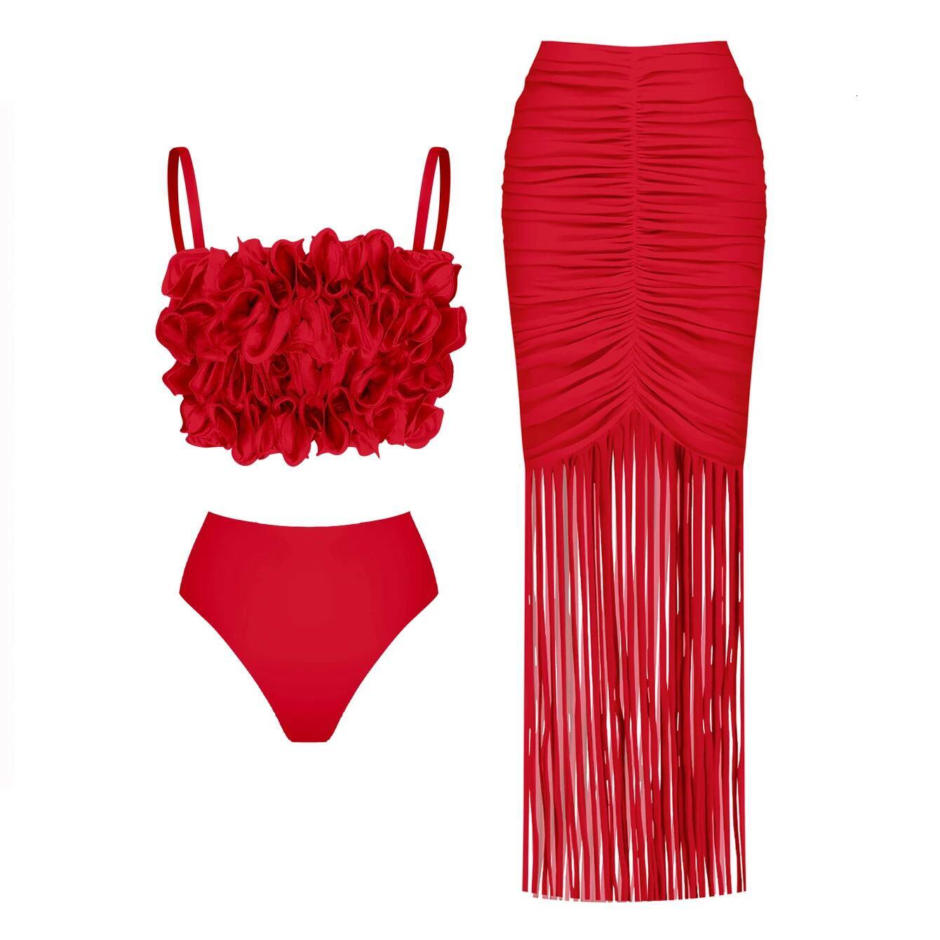 2025 Solid Red Flower Bikini Swimsuit Women Swimwear Sexy Swim Suit Deep V Monokini Off Shoulder Bodysuit Bathingsuit