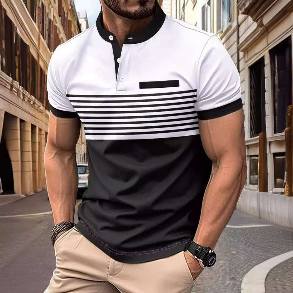 Summer New Fashion Striped Stand Collar Short Sleeve Polo Men's Golf Henley Shirt B5