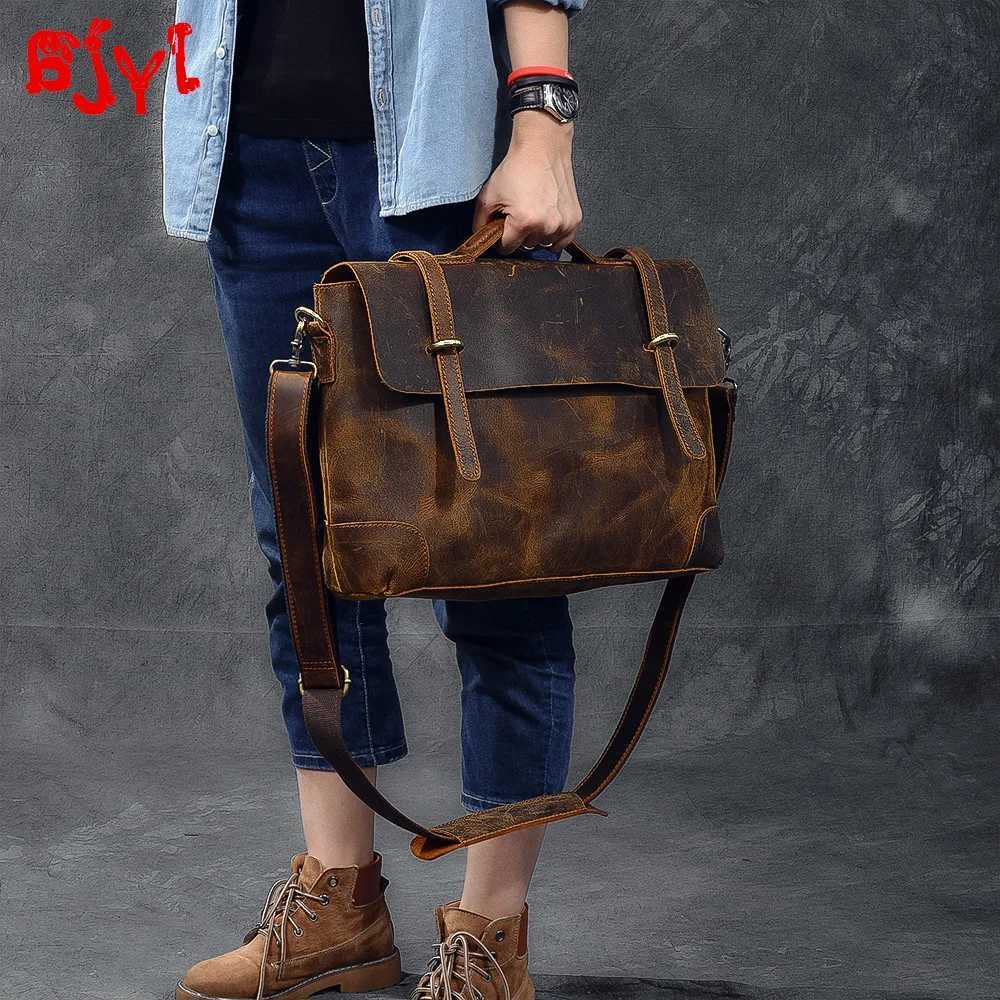 Imported Genuine Leather Retro Mens Handbag Male 14 Inch Laptop Bag Briefcase Classic Shoulder Messenger Bags 2025 New W250610
