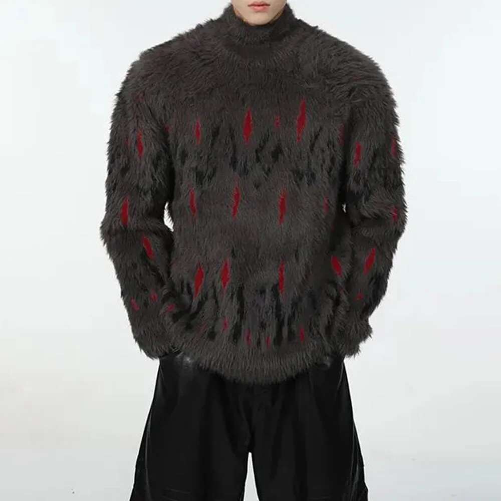 Mens Sweater Punk Goth Y2k Knitted Pullover Shaggy Faux Fur Streetwear Turtleneck Baggy Fit Winter Fashion Tops Men's Clothes