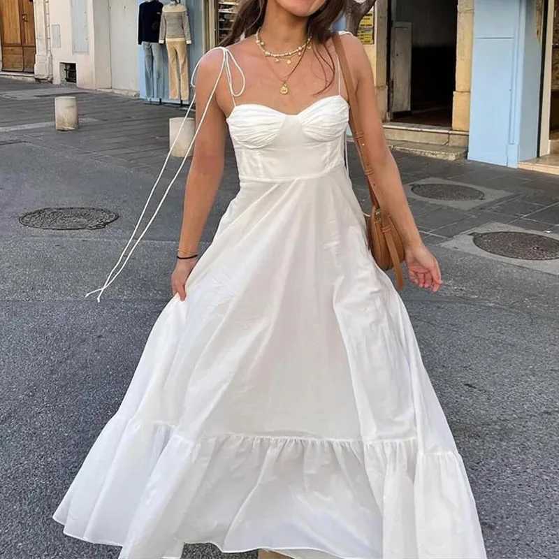 VEITCHE Summer Elegant Women White Long Dresses Evening Party Butterfly Midi Dress Ladies Fashion Pleated Slip Dress Vestidos XJ250610