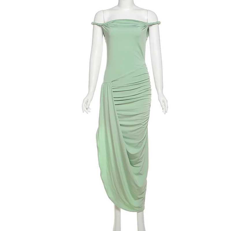 VEITCHE Summer Elegant Women Strapless Shirring Maxi Dress Sexy Wrap Chest Split Irregular Party Bodycon Dresses HolidayXJ250610