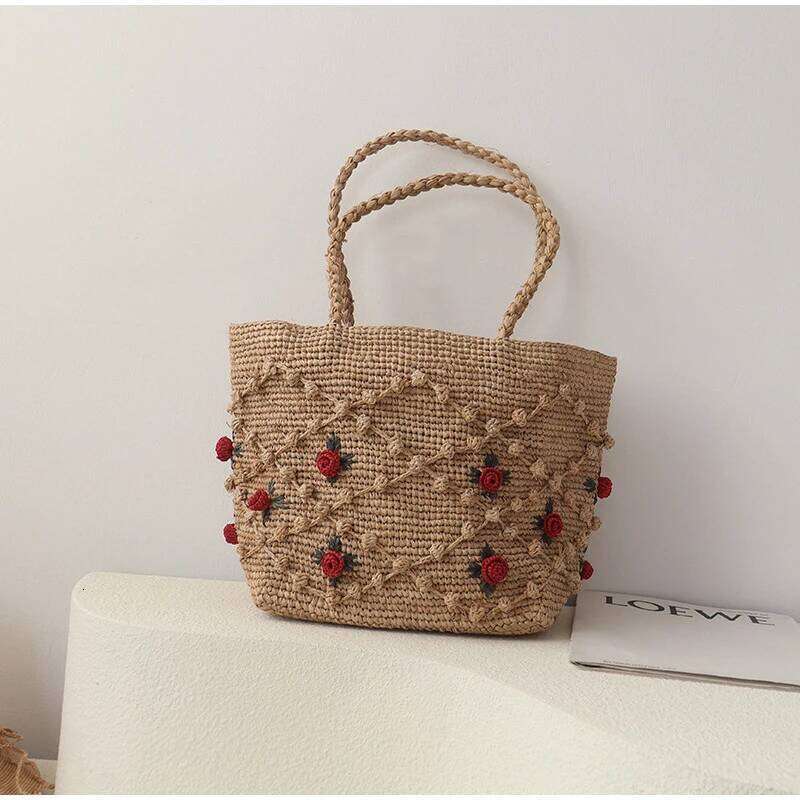 Raffia Hand-woven Brand Exquisite Rose Hook Flower Retro Shoulder Handbag Women' Simple Versatile Vacation Seaside Beach Bag