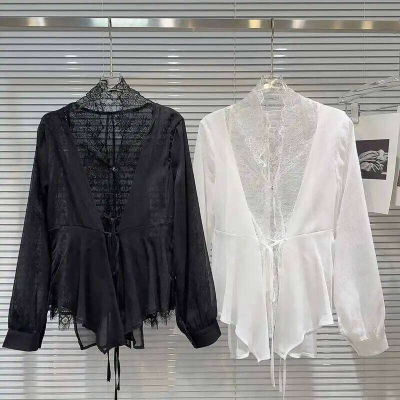 DEAT Fashion Women's Lace Patchwork Edge Sunscreen Shirt Loose Solid Color Lace-Up Long Sleeve Tops Female Trendy 11A03915