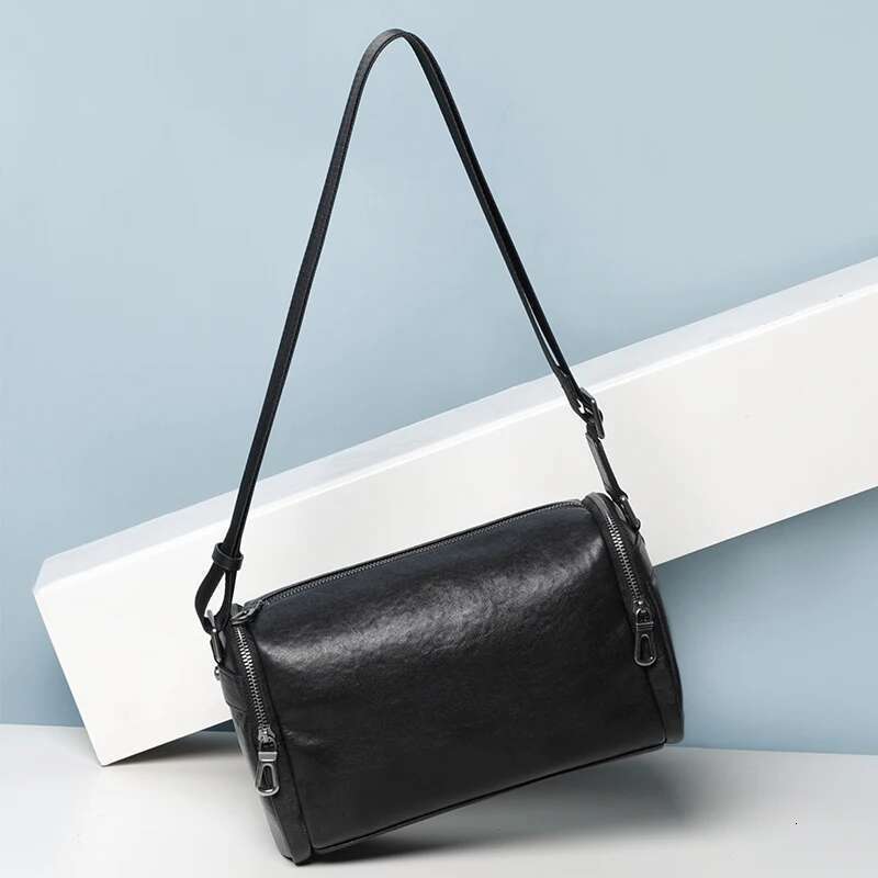 100% Genuine Leather Round Boston Bag Small Zipper Shoulder Men Fashion Messenger Crossbody Bags