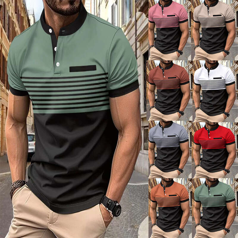 Summer New Fashion Striped Stand Collar Short Sleeve Polo Men's Golf Henley Shirt B5