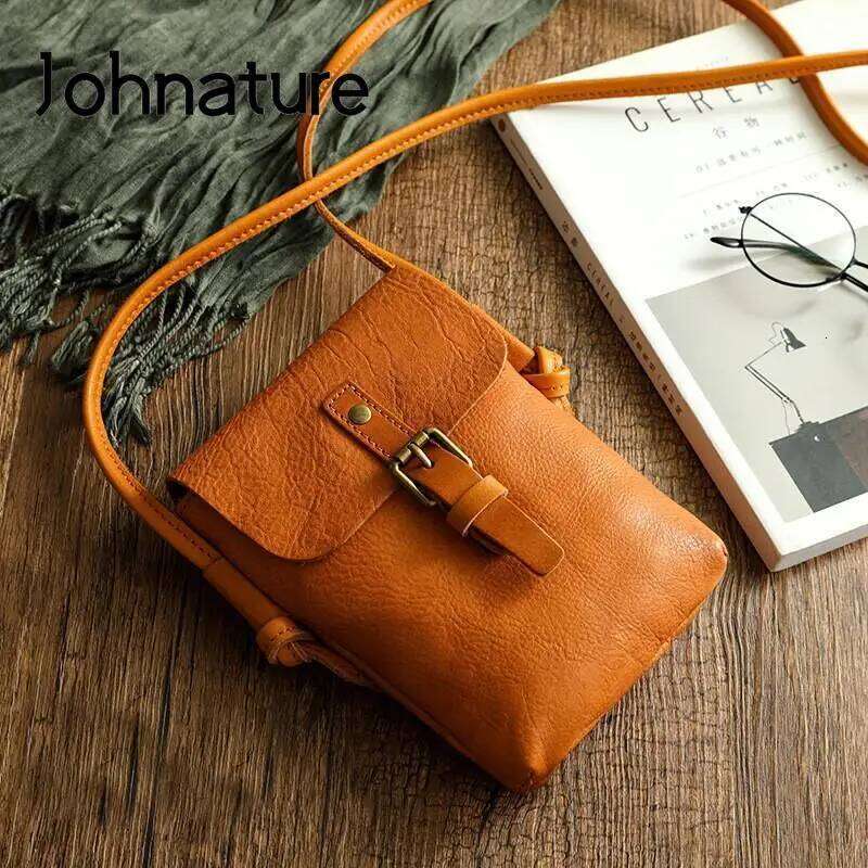 Johnature 2025 New Simple Genuine Leather Women Retro Solid Color Natural Cowhide Mini Phone Bag Leisure Small Shoulder Bags