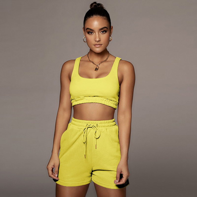 2022 womens solid color double-layer vest shorts sports exposed navel suit popular recommendation