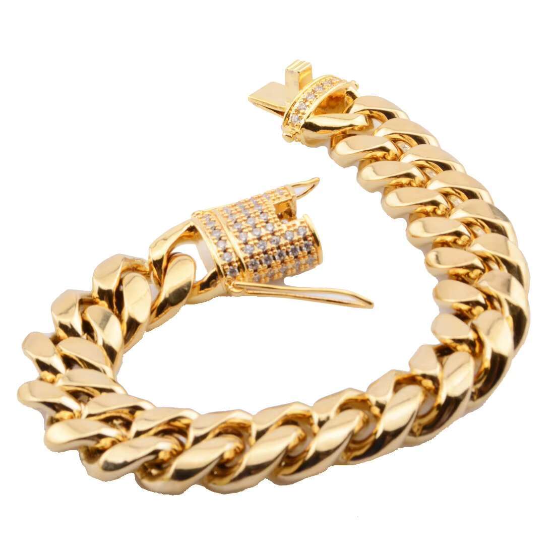 18K Gold Plated Stainless Steel Miami Cuban Chain Bracelet 8/10/12/14/16/18MM Diamond Clasp Bracelets Fashion Link Bracelets