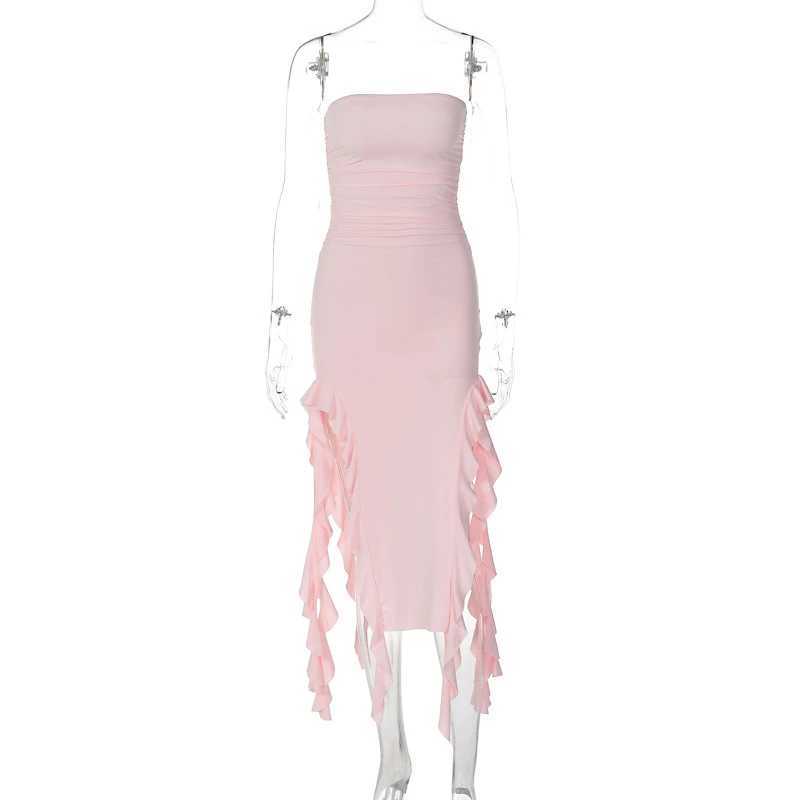 Tube Top Strapless Tube Sexy Dress Midi Floral Summer 2024 Off Shoulder Split Club Women Dress Party Pink Black Outfits Y2k XJ250610