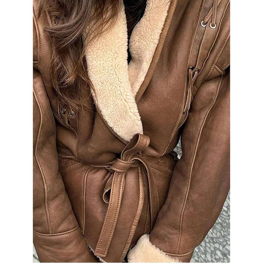 Suede Lace-Up Jacket Coat French Retro Brown Women Leather Jackets With Belt Waist Cinching Slim Fit Winter Overcoat