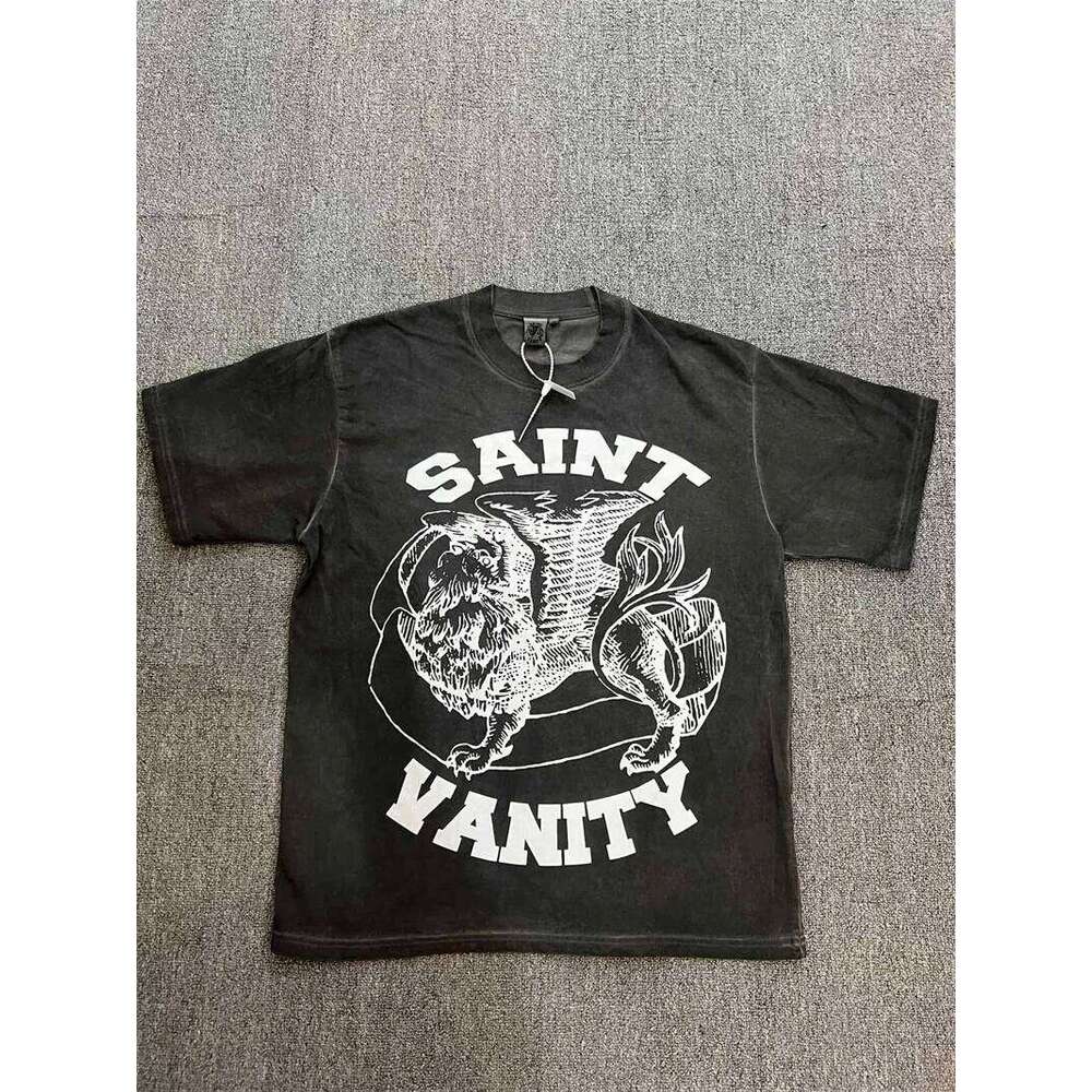 Vintage Washed Black Saint Printed Casual Men's T-Shirt Graphic T Shirts