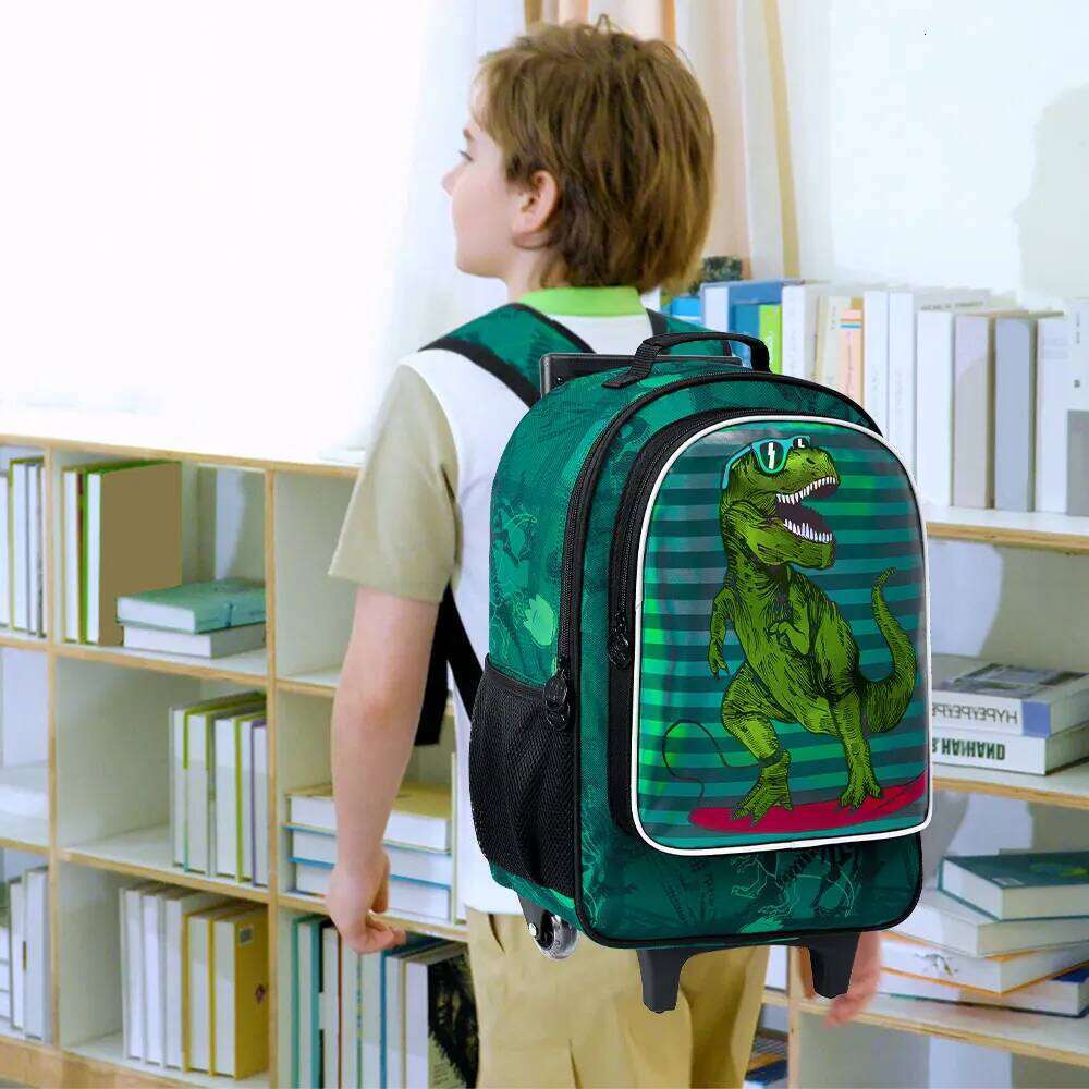 3Pcs Kids Rolling Backpack Boys, Dinosaur School Bookbag With Wheels, Roller Wheeled Backpacks For Toddler Elementary