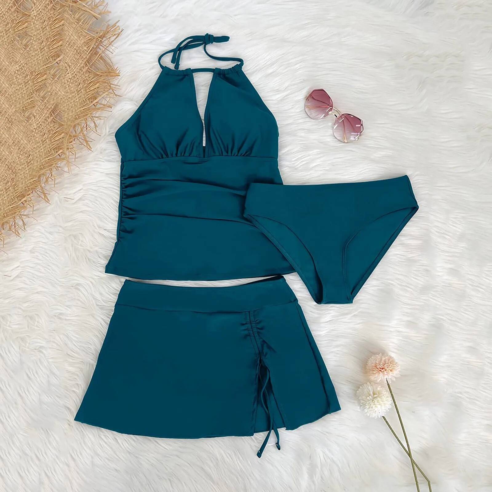 Bikini Women's 3 Piece Bathing Deep V Neck Halter Swimwear Top Solid Color Split Swimsuit Summer Beach Bathers Suit