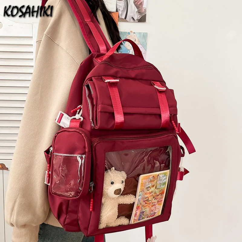 Transparent Vintage Pockets Students Backpacks Y2k Aesthetic Women Casual All Match Schoolbags Korean Trendy Streetwear Ita Bags 250606