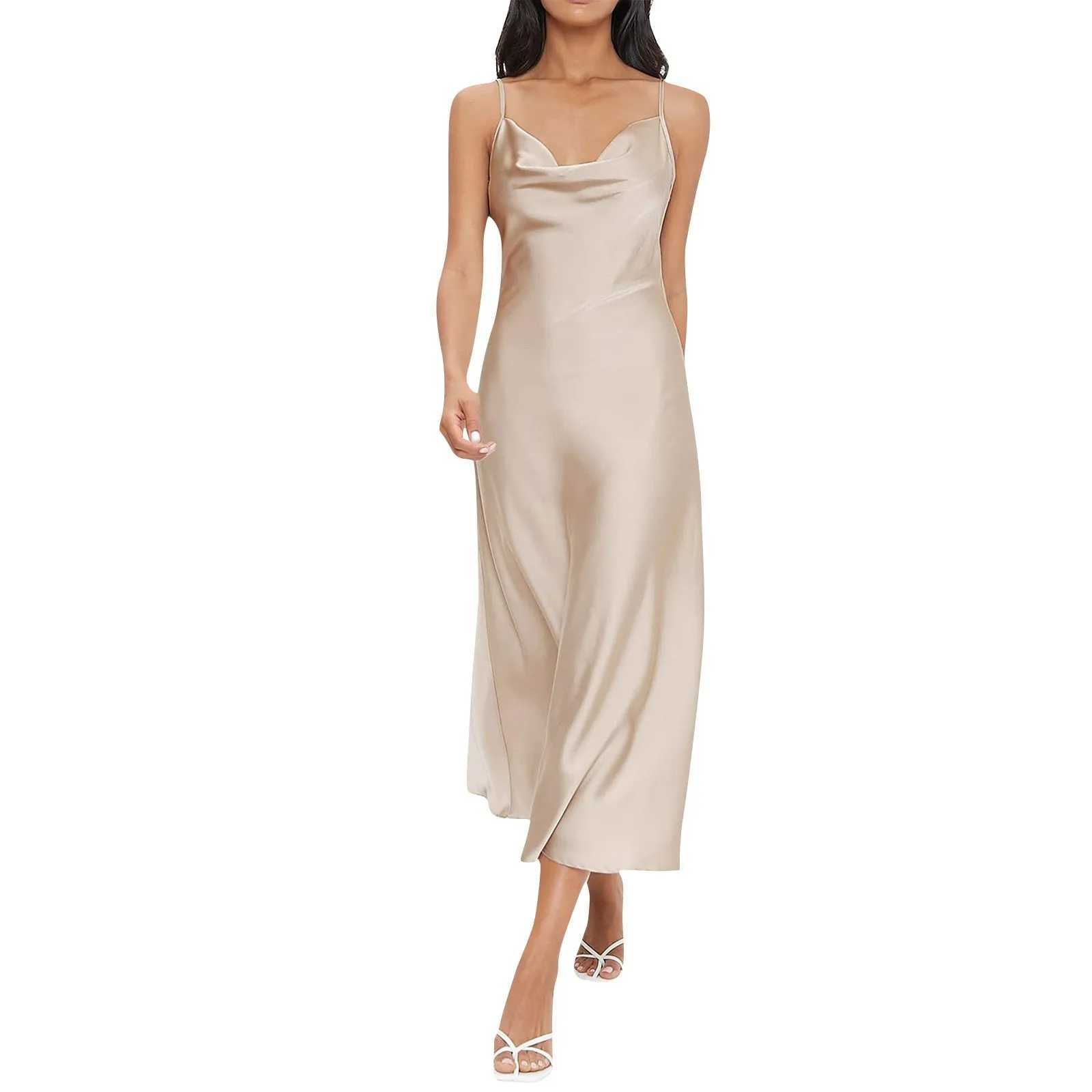 Ladies Elegant Summer Fashion Solid Color Satin Silk Suspender Dress Deep V-neck Slim Fit Pleated Dress For Evening Parties XJ250610