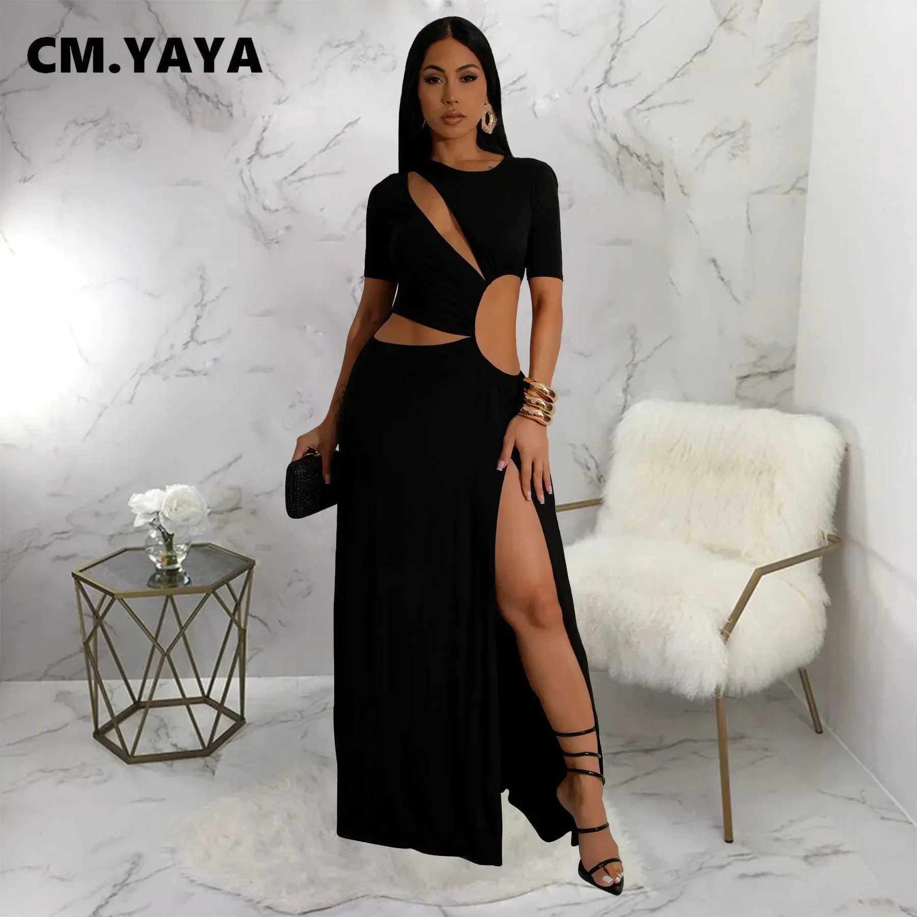 CM.YAYA Women O-neck High Split Ruched Bodycon Midi Maxi Dress 2024 Fall Street Evening Party Club Sexy Long Dresses XJ250610
