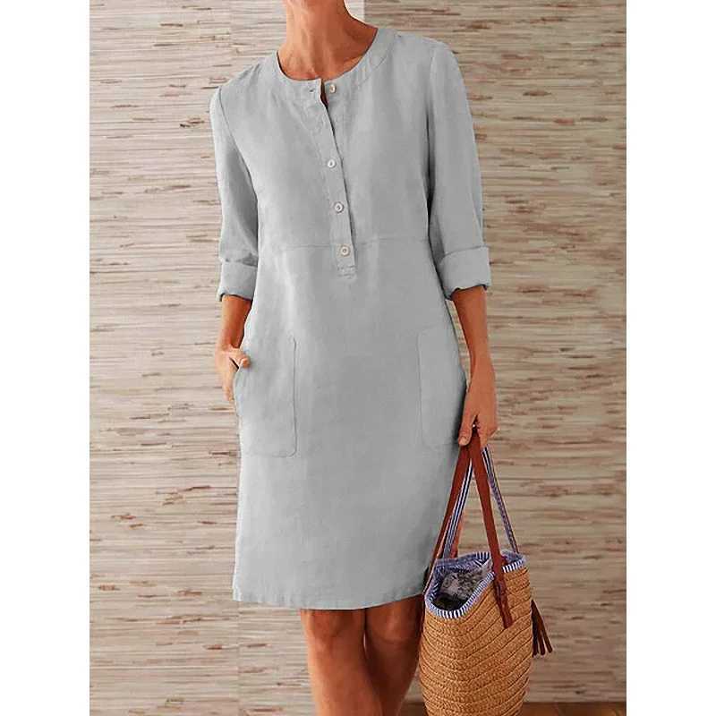 Women Casual Soild Long Sleeve Cotton And Linen Tunic Dress Vintage Straight Dress Long Sleeve Oversized Mini Knee-Length DressXJ250610