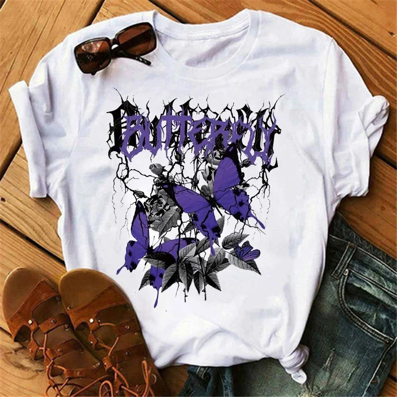 Gothic Women's Butterfly Tree Print Harajuku Designer T-Shirt Round Neck Top Short Sleeve Casual Summer Tee Shirt 2025 New