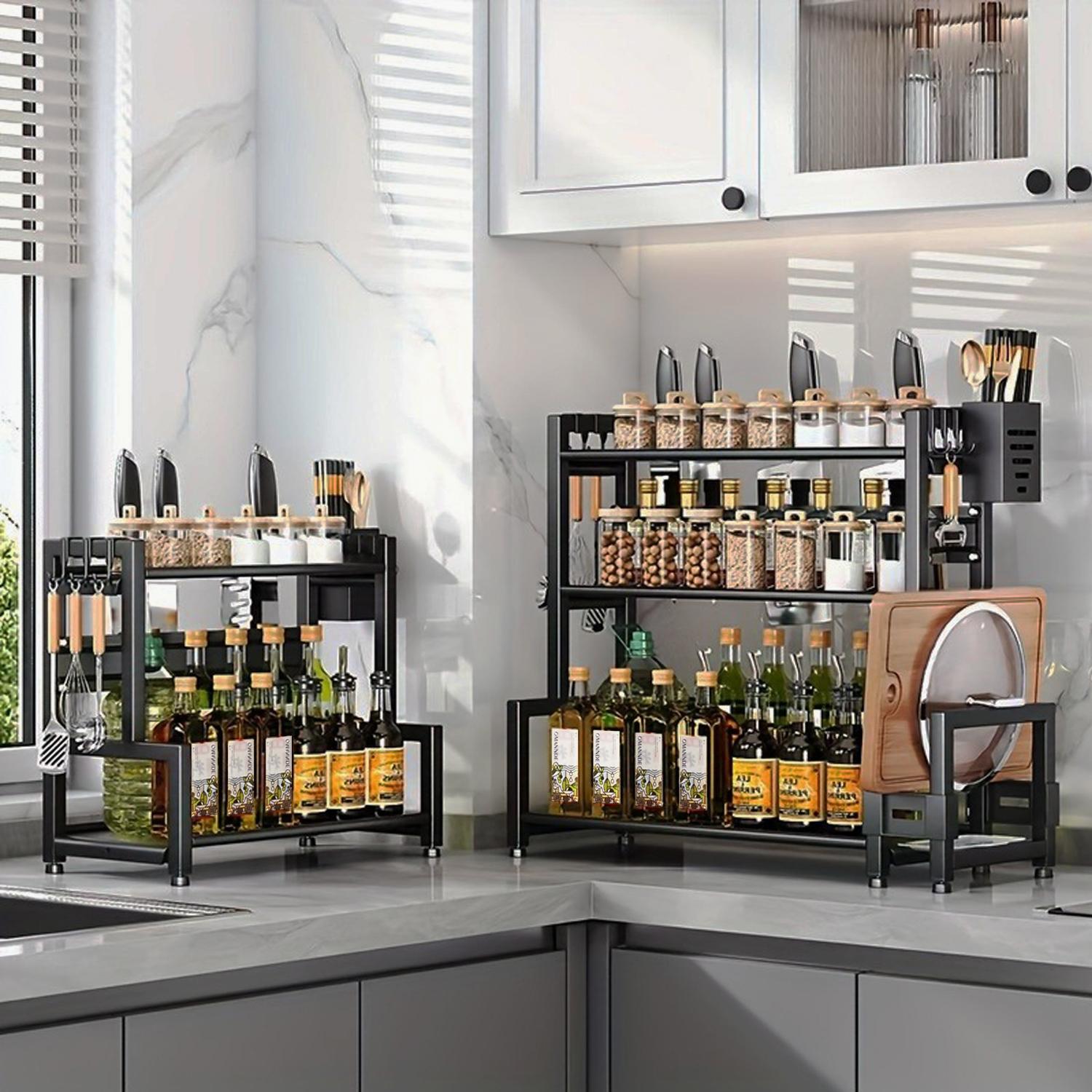 1pc Steel Multi-Tier Kitchen Organizer Rack Set - Space-Saving Countertop Storage With Hangers, Utensil Holder, Cutting Board Rack, Under Sink Shelf