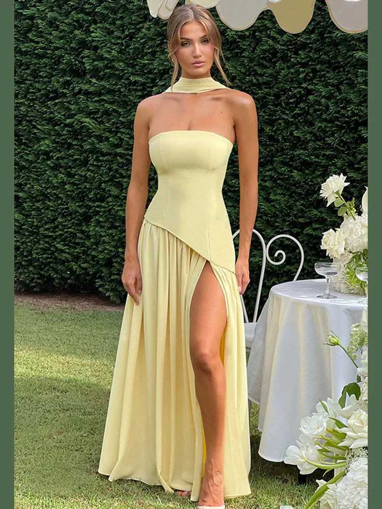 Yellow Scarf Collar Strapless Party Dress Women 2025 New High Slit Backless Spliced Pleated Robes Female Summer Party Prom Gowns XJ250610