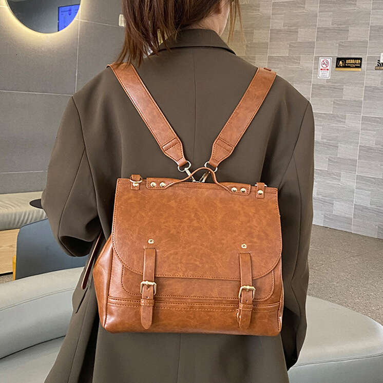 Artistic College Style Backpack Oil Wax Leather Texture Large Capacity Simple Commuter Crossbody Messenger Bag