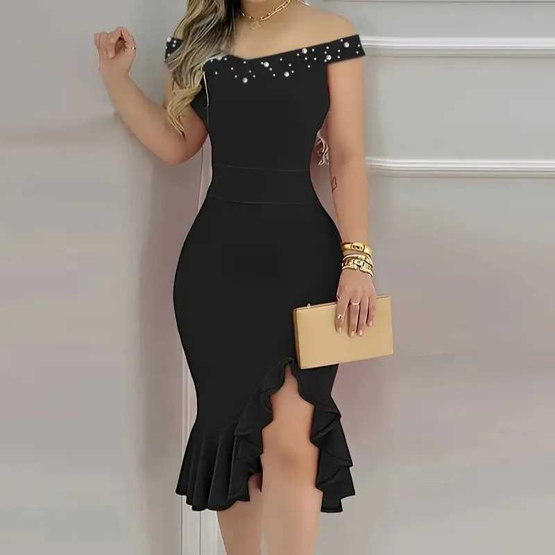 Womens Dresses New Summer Fashion Beaded Off Shoulder Ruffles Slit Hem Elegant Plain Short Sleeve Skinny Midi Party Dress XJ250610