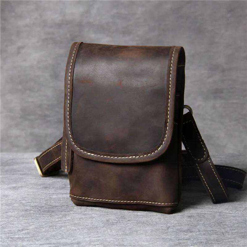 High quality simple crazy horse cowhide men's messenger casual vintage genuine leather small shoulder phone belt bag