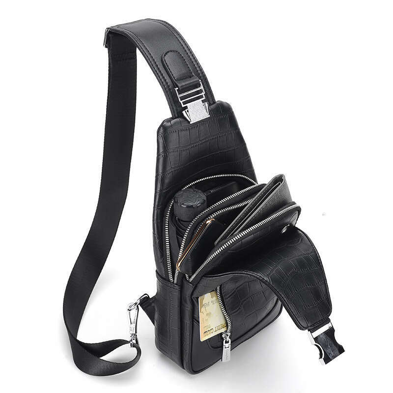 Men's Genuine Leather Chest USB Charging Crossbody Bag Multifunctional Cowhide Business Crocodile Pattern Front Backpack for Men