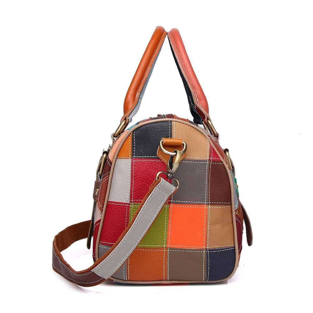 Fashion Genuine Leather Patchwork Handbag Plaid Color Contrast One Shoulder Ladies Boston Women Pillow Bag