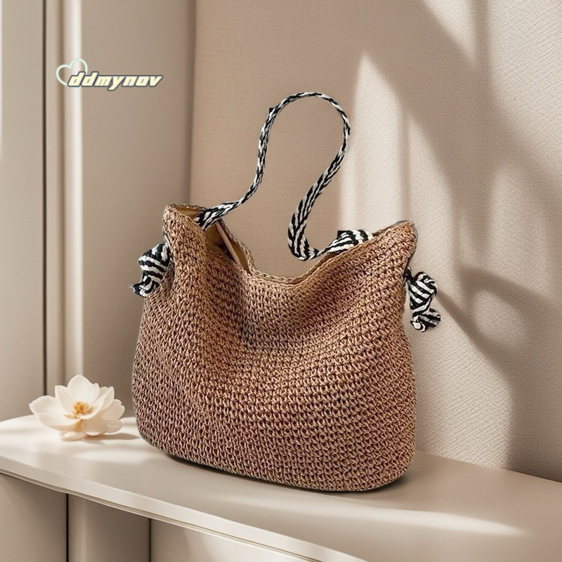 Summer Korean Style Navy Straw Woven Handmade Beach Shoulder Commuter Tote Underarm Bucket Bag ddmynov