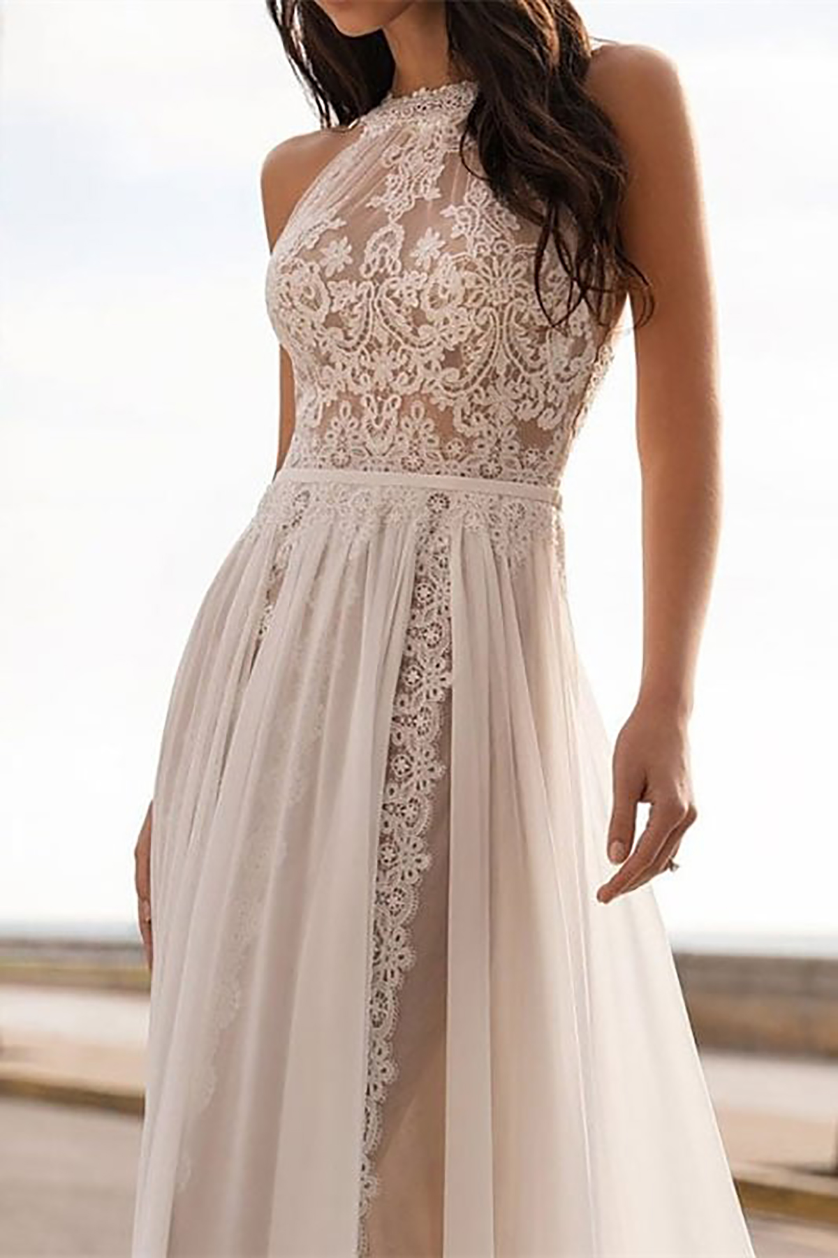 Floral Lace Wedding Dresses A Line Halter Bride Gowns with Chiffon Tiered Skirt Sleeveless Custom Made Formal Engagement Bridal Dresses for Birthday P