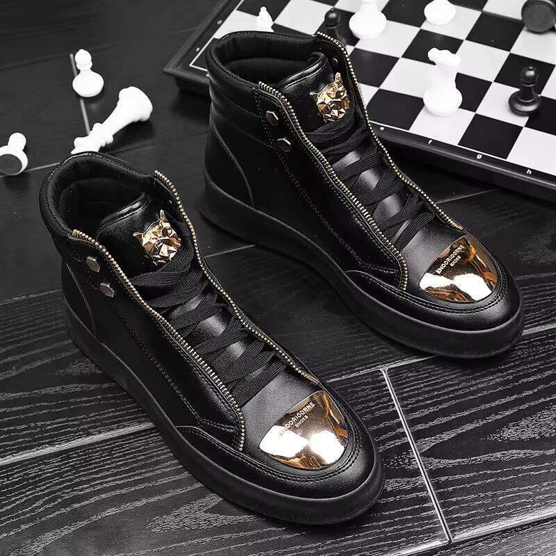 Middle-top Double Zipper Men's Fashion Casual Sports Shoes Trendy Leather Boots
