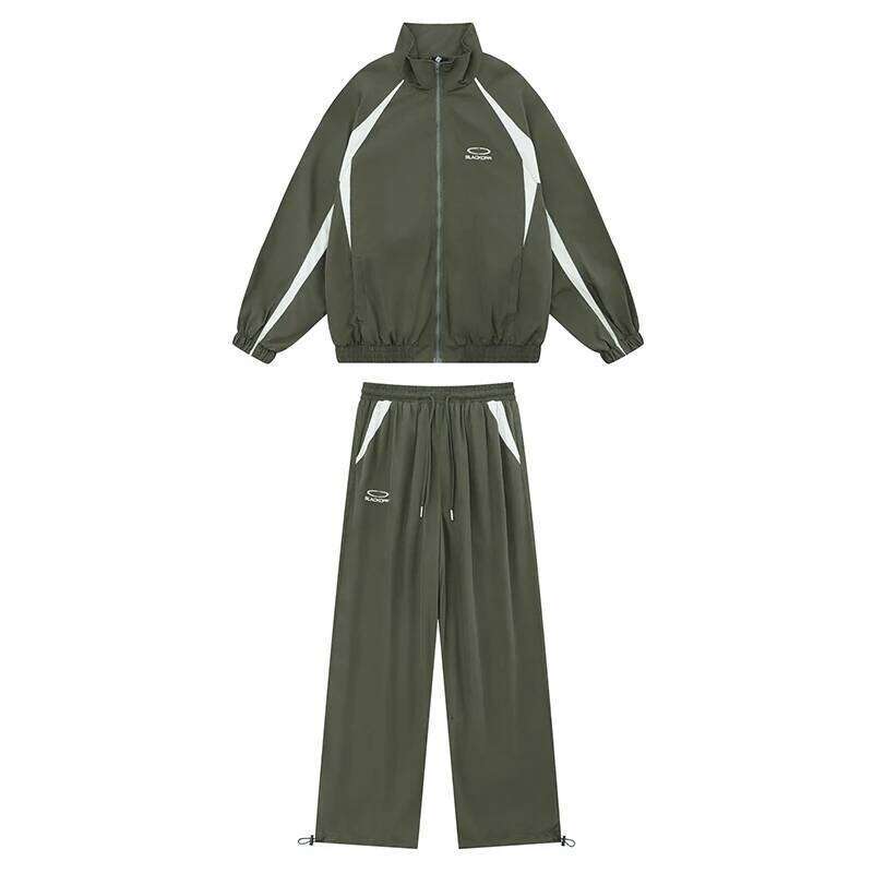 Casual Sports Set Men Women Loose Patchwork Stripe Varsity Jacket + Pants High Street 2 Pieces Black Fashion Suit New European
