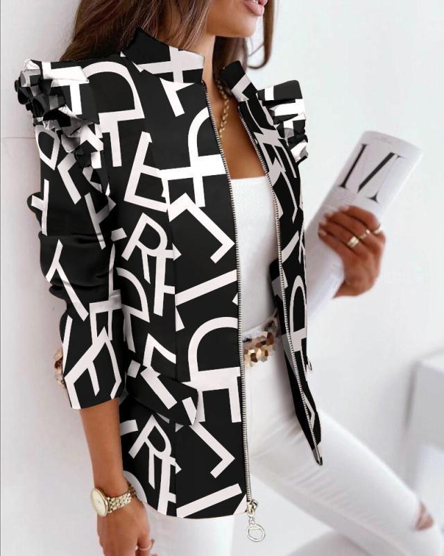 2025 popular autumn and winter ruffled long sleeved zipper printed suit jacket for women