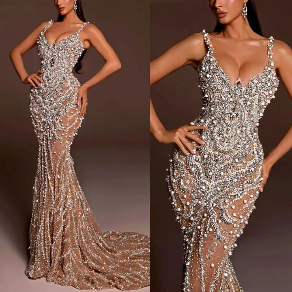 Modest Spaghetti Straps Prom Dresses Women Mermaid Sleeveless Pearls Evening Gowns Sequined Lace Customized Beaded Party Dress