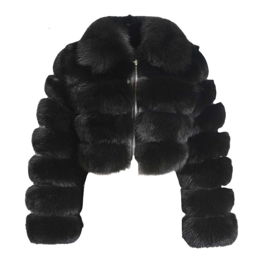 Faux Coat With Fox Fur Patchwork, Short Collar, Long Sleeve, Women's Jacket