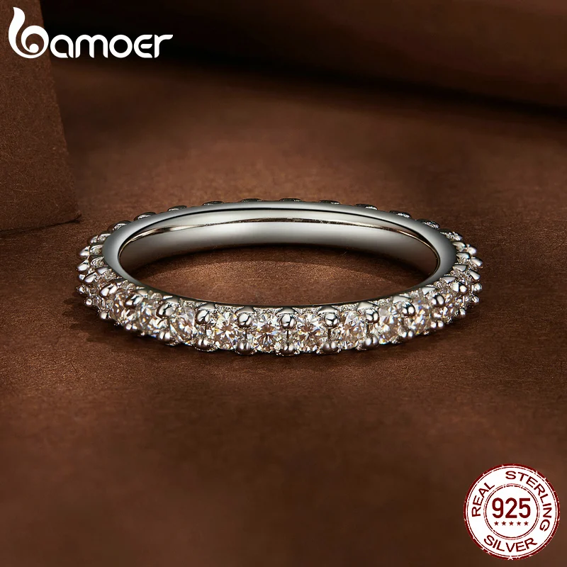 Bamoer TOP 925 Sterling Silver Moissanite Ring Stackable Finger Ring Fine Jewelry for Women Wedding Diamond Engagement Band MSR028