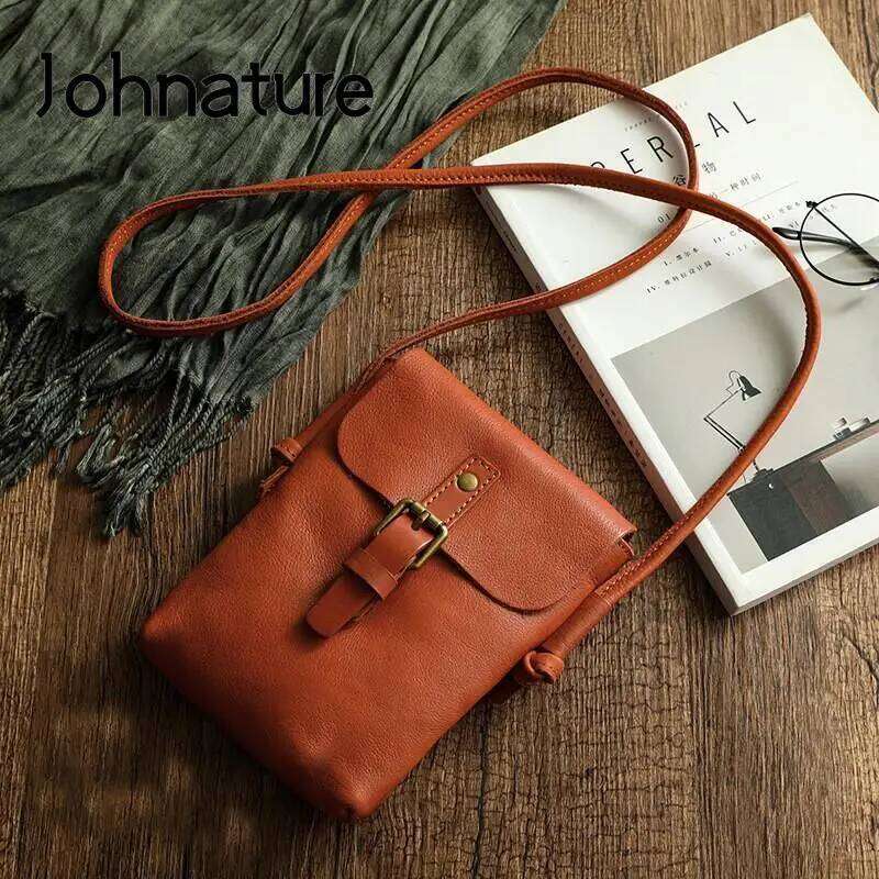 Johnature 2025 New Simple Genuine Leather Women Retro Solid Color Natural Cowhide Mini Phone Bag Leisure Small Shoulder Bags